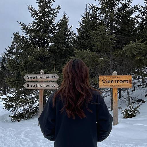 Person in snowy forest facing wooden signs