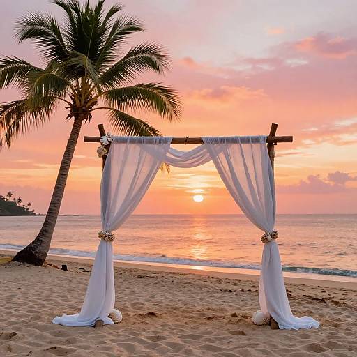 Photograph of a beach sunset with a white, draped pergola, palm tree, and orange-pink sky, standing on sandy shore.