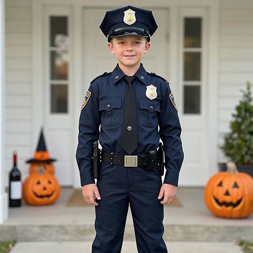 Young boy in a dark police uniform stands in front of a white house with two carved pumpkins and a witch hat. Photograph.