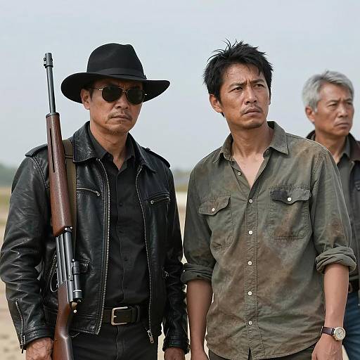 Three Men Outdoors with Distinct Expressions