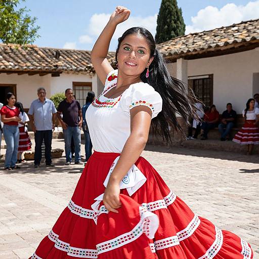 Photograph of a smiling young woman with long black hair, wearing a white blouse and red, white-laced skirt, dancing in a sunlit,