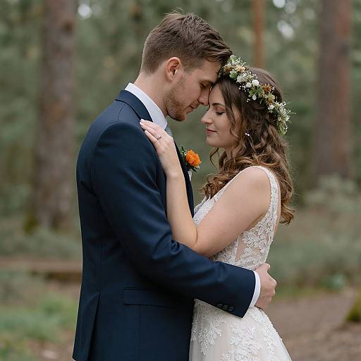 Photograph of a couple in a forest, the groom in a black suit and the bride in a white lace dress, sharing an intimate kiss with flowers