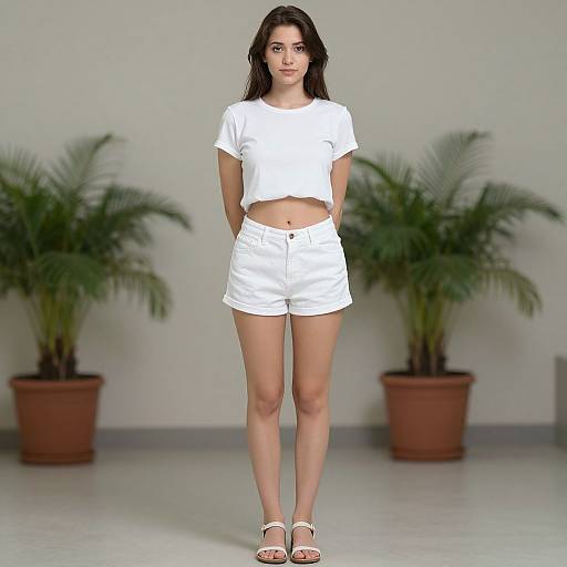 Photograph of a young woman with fair skin, black hair, wearing a white cropped t-shirt and shorts, standing in front of two potted plants