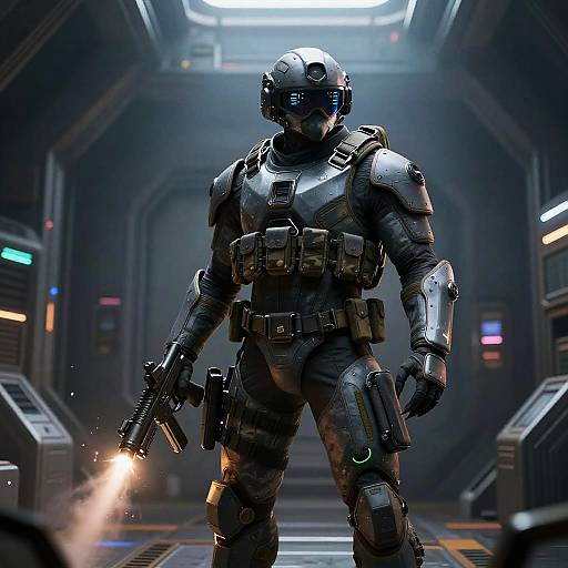 Peregrine Commando in Neon Spaceship Corridor