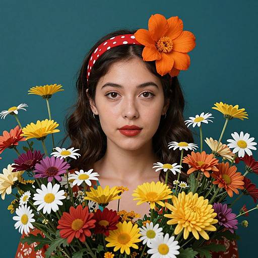 Photograph of a young woman with fair skin and dark hair, wearing a red polka dot headband with an orange flower, surrounded by vibrant d