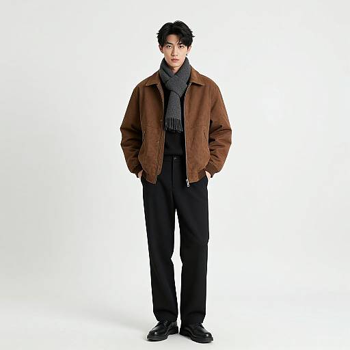 Photograph of an Asian man with short black hair, wearing a brown jacket, gray scarf, black pants, and black shoes, standing against a white