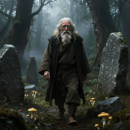 Elderly Shaman in a Foggy Norse Swamp