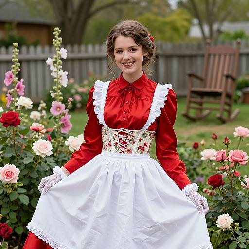 Photograph of a smiling woman in a Victorian-style red blouse and white floral-patterned waist, with a full white skirt, standing in a colorful rose