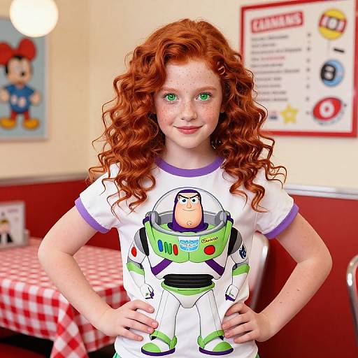 Photograph of a curly red-haired girl with freckles, wearing a Buzz Lightyear shirt, standing in a diner with Mickey Mouse poster.