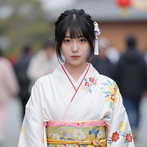Photograph of a young Japanese woman with black hair in a floral kimono, white hairpin, and colorful obi, standing outdoors.