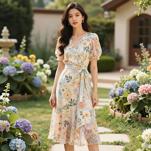Photograph of an Asian woman with long black hair, wearing a floral dress, standing in a sunlit garden with colorful hydrangeas.