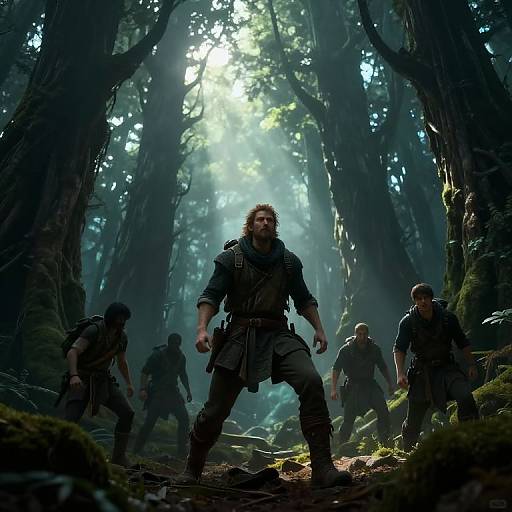 Trailblazer Leading Group Through Ancient Forest