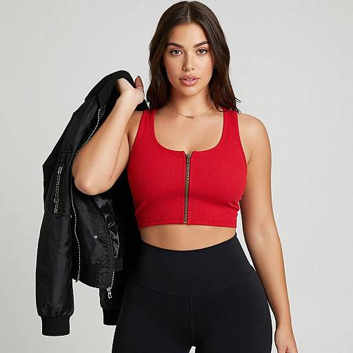 Photograph of a Latina woman with long dark hair, wearing a red ribbed crop top with a front zipper, black high-waisted pants,