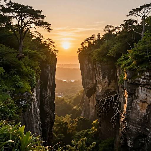 Photograph of a dramatic sunset over a deep, rocky canyon with lush green trees on either side, casting long shadows and warm golden light.