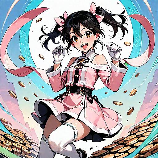 Happy Anime Girl With Falling Coins