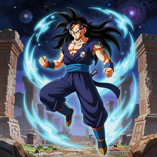 Digital art of Super Saiyan Goku, with black hair, blue gi, and glowing energy rings, fighting in a ruined temple at night.