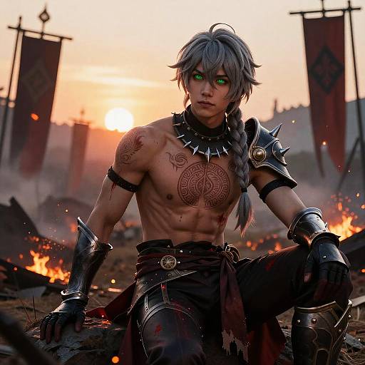 Fantasy Warrior with Grey Hair and Green Eyes on Battlefield
