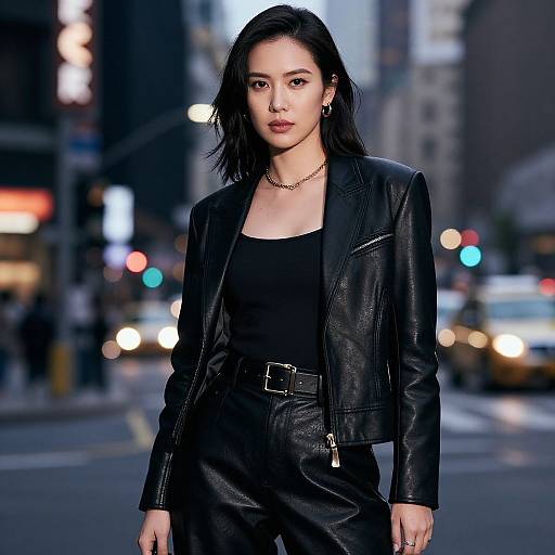 Photograph of an Asian woman with shoulder-length black hair, wearing a black leather jacket, black top, and pants, standing confidently on a city street