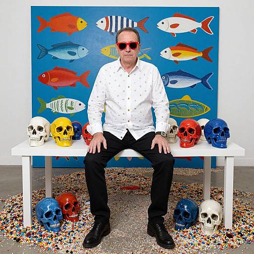 Photograph of a man in sunglasses and white shirt, seated on a white bench with colorful painted skulls and fish-themed background.