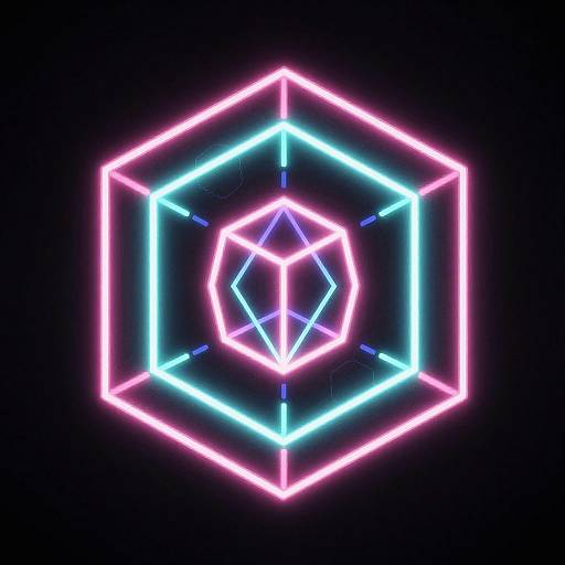 Neon digital artwork: glowing pink and blue hexagon outlines with a geometric, neon pink star-like shape at the center on a black background.