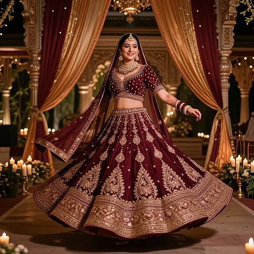 Photograph of a smiling Indian bride in a maroon and gold traditional lehenga, veil, and jewelry, dancing under a lit, ornate canopy