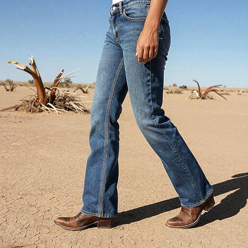 Photograph of a person walking in a desert, wearing blue denim jeans and brown leather boots, with a clear blue sky background.
