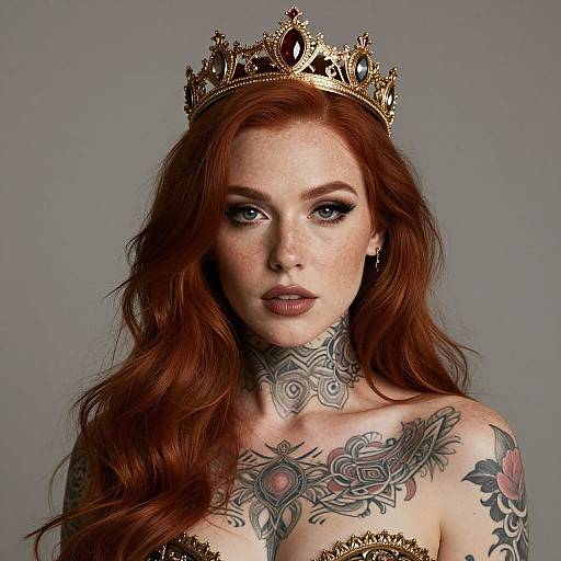 Photograph of a fair-skinned, red-haired woman with tattoos, wearing a gold crown, dark eyeliner, and a strapless top against a