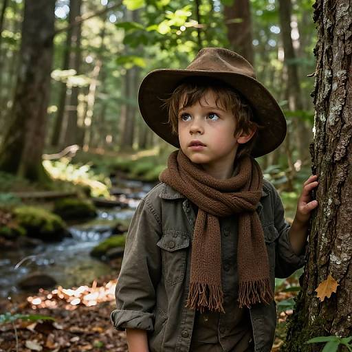 Curious Boy in Lush Forest