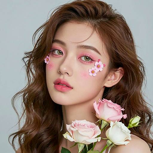 Young Woman with Pink Floral Makeup and Roses