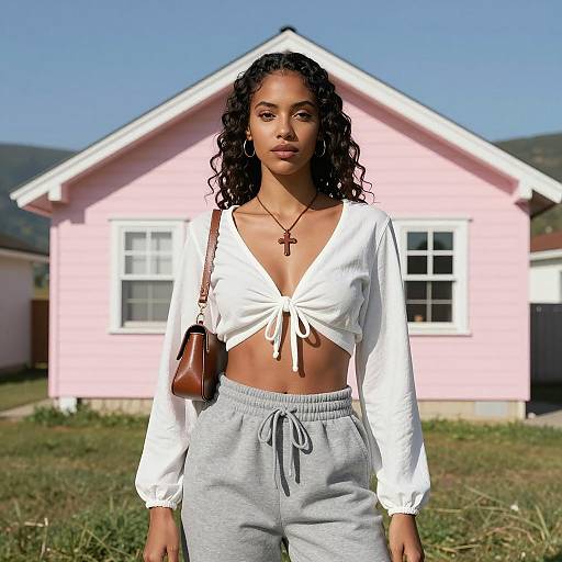 Young Woman in Casual Outfit Standing by Pink House
