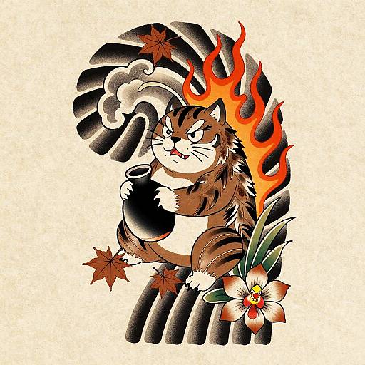 Playful Tanuki Irezumi Tattoo Flash