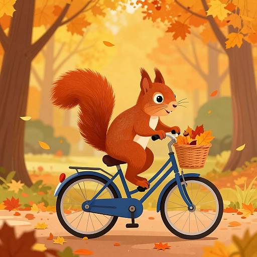 Cheerful Red Squirrel Biking Autumn Park