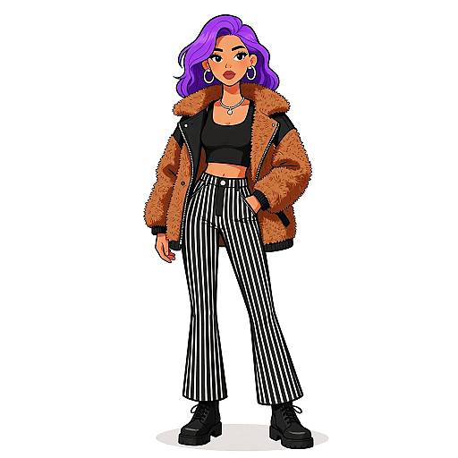 Chic Woman in Striped Trousers and Teddy Jacket