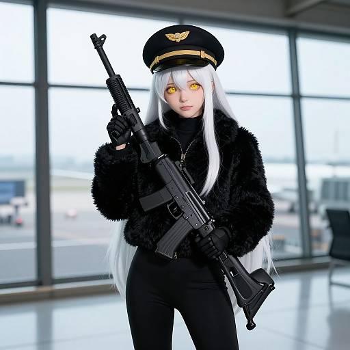 Cosplayer with long white hair, glowing yellow eyes, black fur jacket, and pilot hat, holding a rifle in a modern airport. Photograph.
