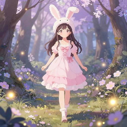 Anime-style drawing of a girl in a pink bunny-eared dress, standing in a magical forest with glowing fireflies and blooming flowers.