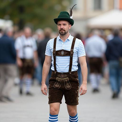 Photograph of a bearded man in Bavarian outfit: green hat, white striped shirt, brown shorts with suspenders, blue socks, standing in