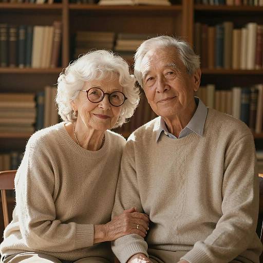 Photograph of an elderly white couple, woman with curly white hair and glasses, man with gray hair, both in beige sweaters, sitting in a