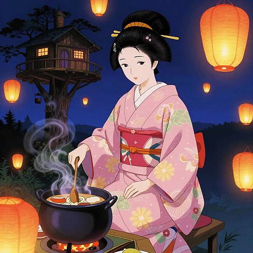 Digital anime-style illustration of a Japanese woman in a pink floral kimono, lighting a lantern while cooking over a steaming pot at night.