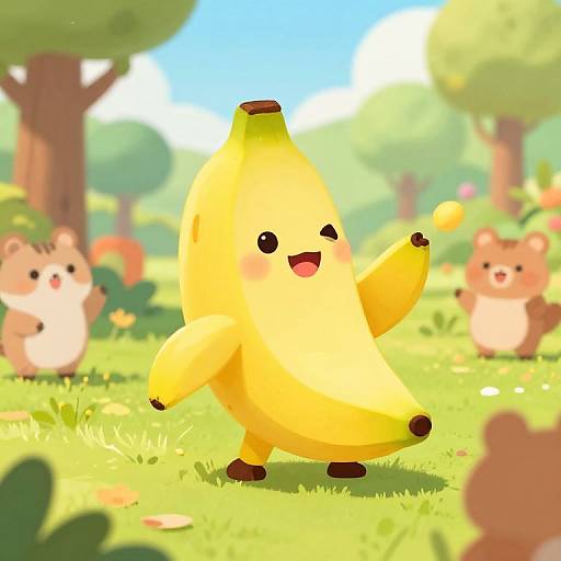 Animated Cartoon Banana with Friendly Animals in Orchard
