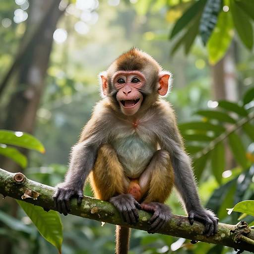 Photograph of a cute, small monkey with brown and gray fur, pink face, and wide, joyful eyes, sitting on a branch in a sun