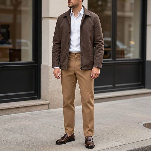 Photograph of a bearded man in a brown jacket, white shirt, tan pants, and brown loafers, standing on a city sidewalk.