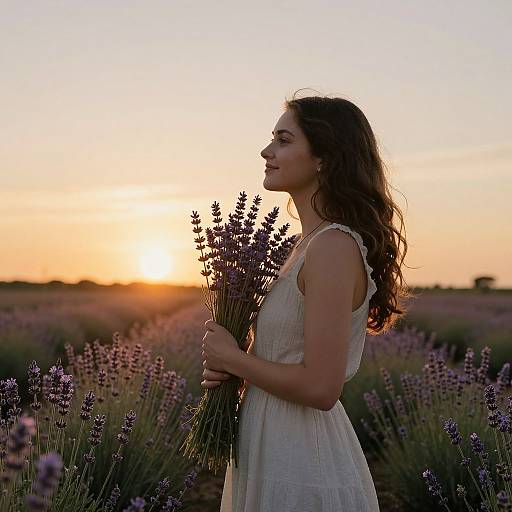 Photograph of a curly-haired woman in a white dress holding lavender, silhouetted against a golden sunset in a lavender field.