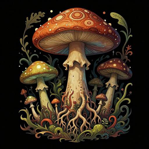 Vibrant digital illustration of tall, red-spotted mushrooms with intricate white roots and green vines, set against a black background.