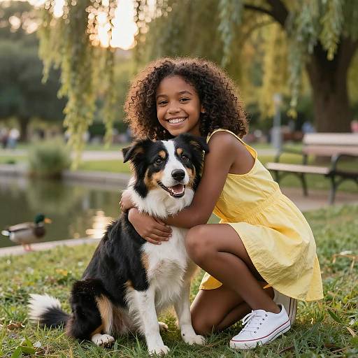 Joyful Girl and Dog in Golden Hour