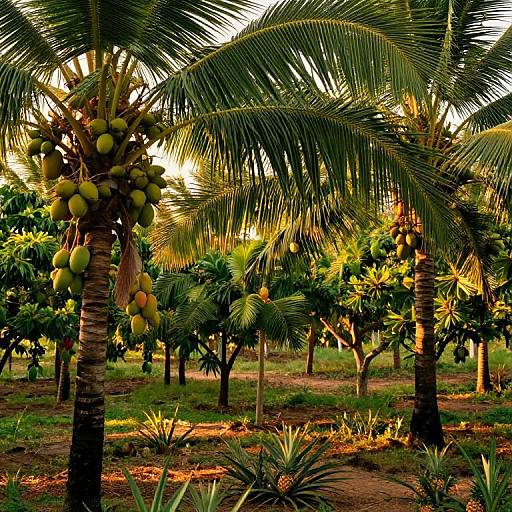 Photograph of a tropical coconut grove at sunset, featuring tall palm trees with green and yellow coconuts, vibrant green foliage, and golden sunlight