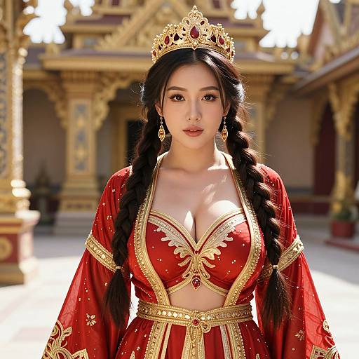 Digital illustration of an Asian princess with long black braids, wearing a gold crown, red and gold embroidered dress, and ornate earrings, standing in