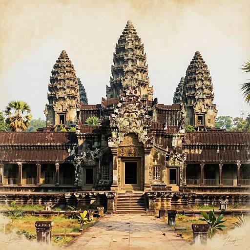 Photograph of an ancient, intricately carved, dark-brown Khmer temple with three towering spires, surrounded by lush greenery and palm trees