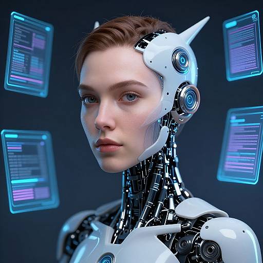 CGI image of a cybernetic woman with blue glowing screens in the background, white and black mechanical head, and neck, short brown hair,
