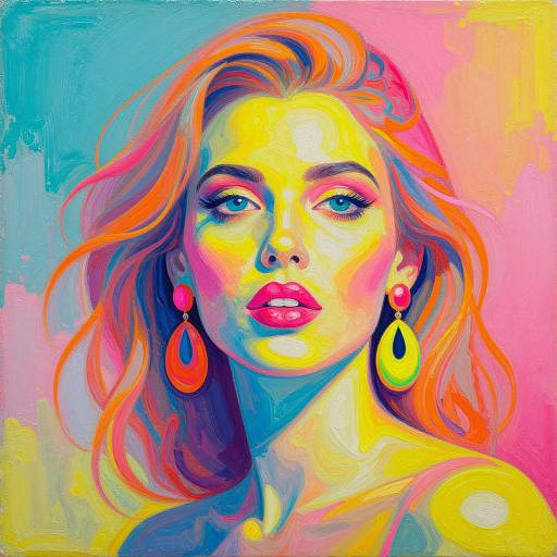 Vibrant digital painting of a woman with bright orange hair, colorful earrings, pink lips, and bold, neon colors against a gradient background.