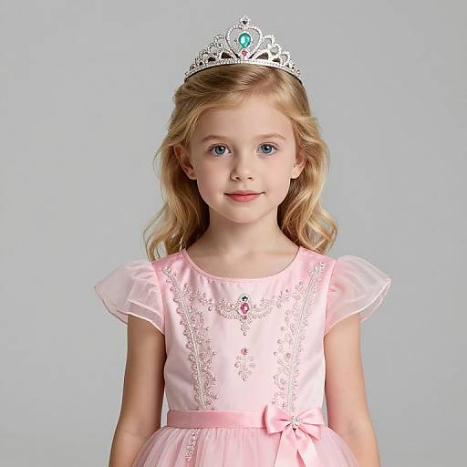 Photograph of a young blonde girl with blue eyes, wearing a pink lace dress, silver tiara with a blue gem, and light blue background.